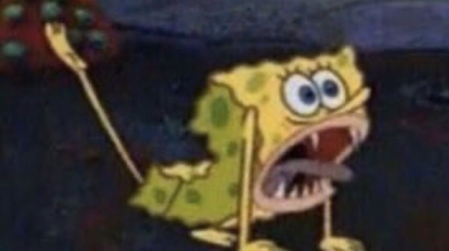 SpongeBob lunging forward with mouth agape in full panic mode