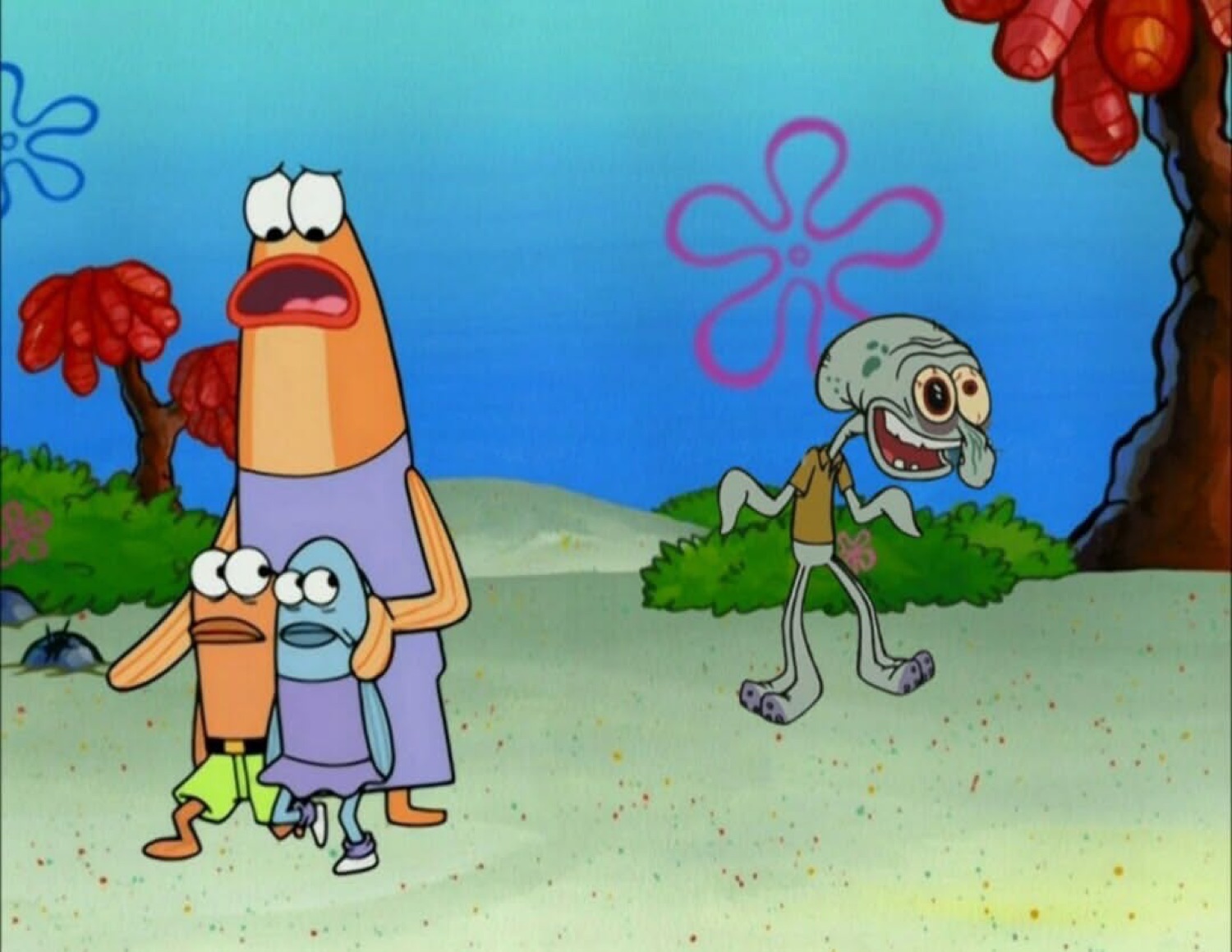 Bikini Bottom family recoiling in horror as Squidward strolls past grinning