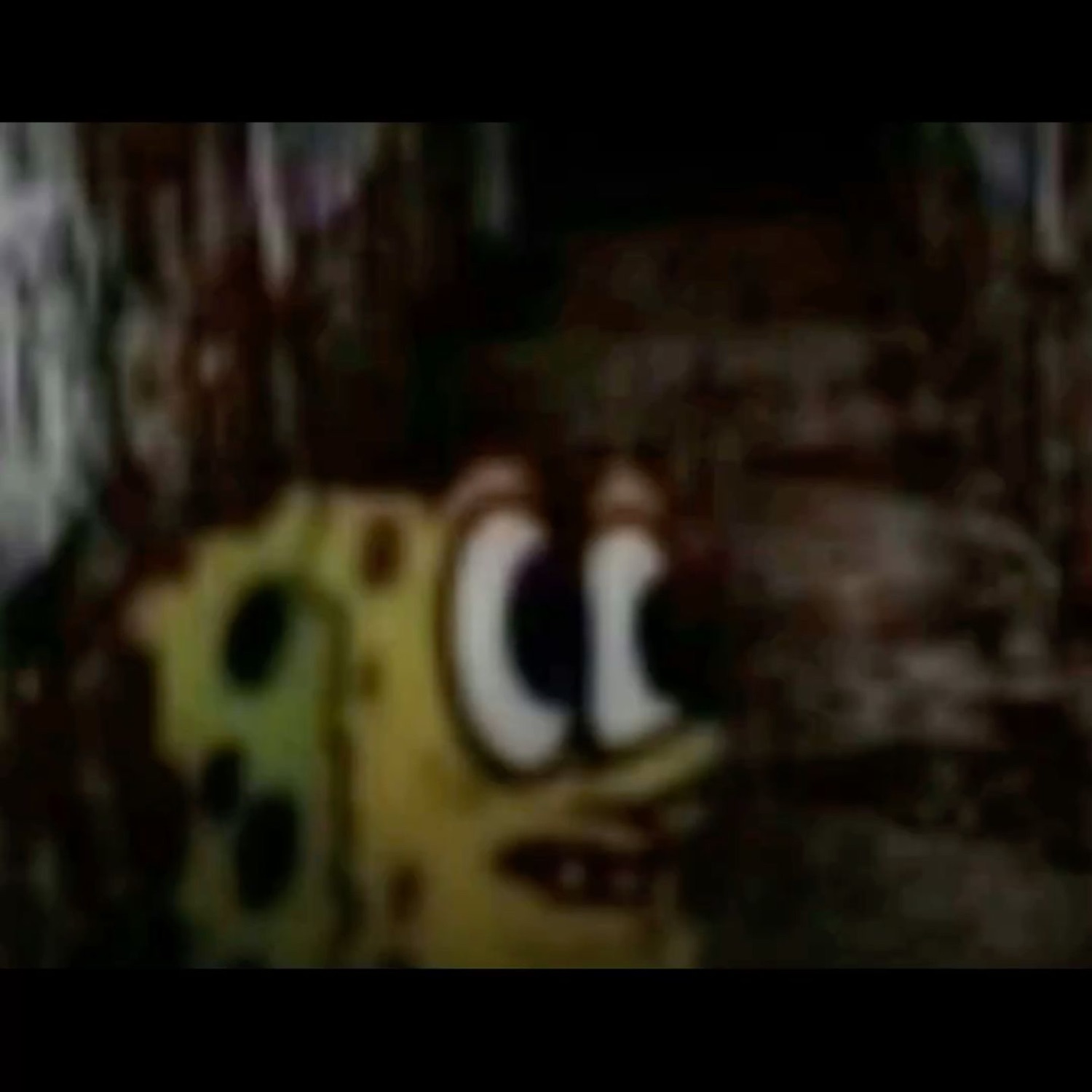Blurry, low-quality SpongeBob peering sideways from a dark room, cursed and distorted