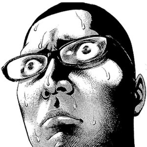 Manga character with thick glasses sweating and staring up in wide-eyed terror