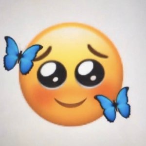 Pleading-eyes emoji with a shy smile flanked by two blue butterflies