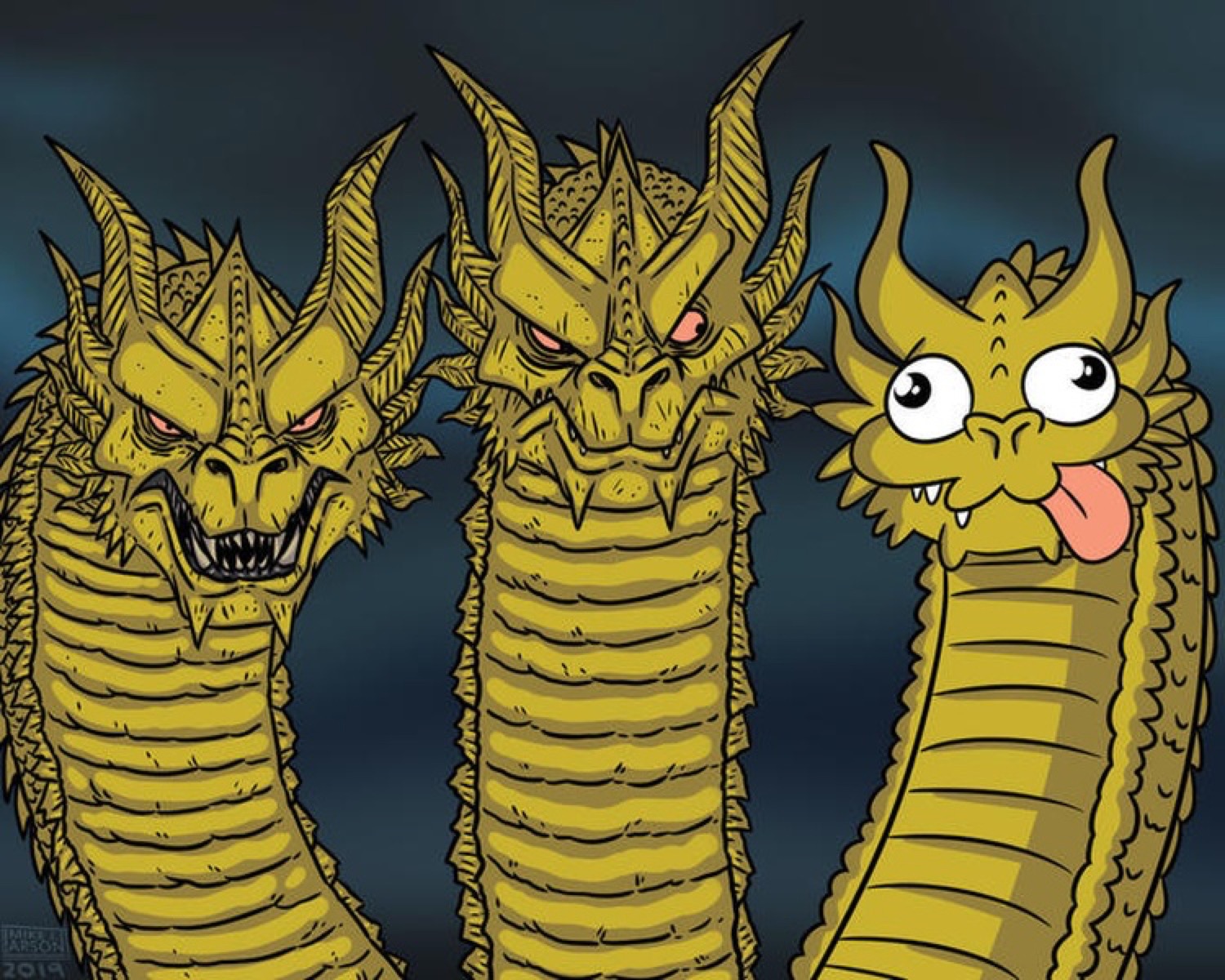 Three-headed dragon cartoon with two fierce heads and one goofy derpy head sticking its tongue out