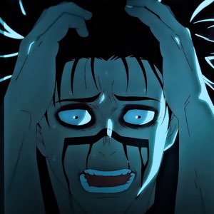 Anime character grabbing his head in the dark, eyes blown wide in absolute horror
