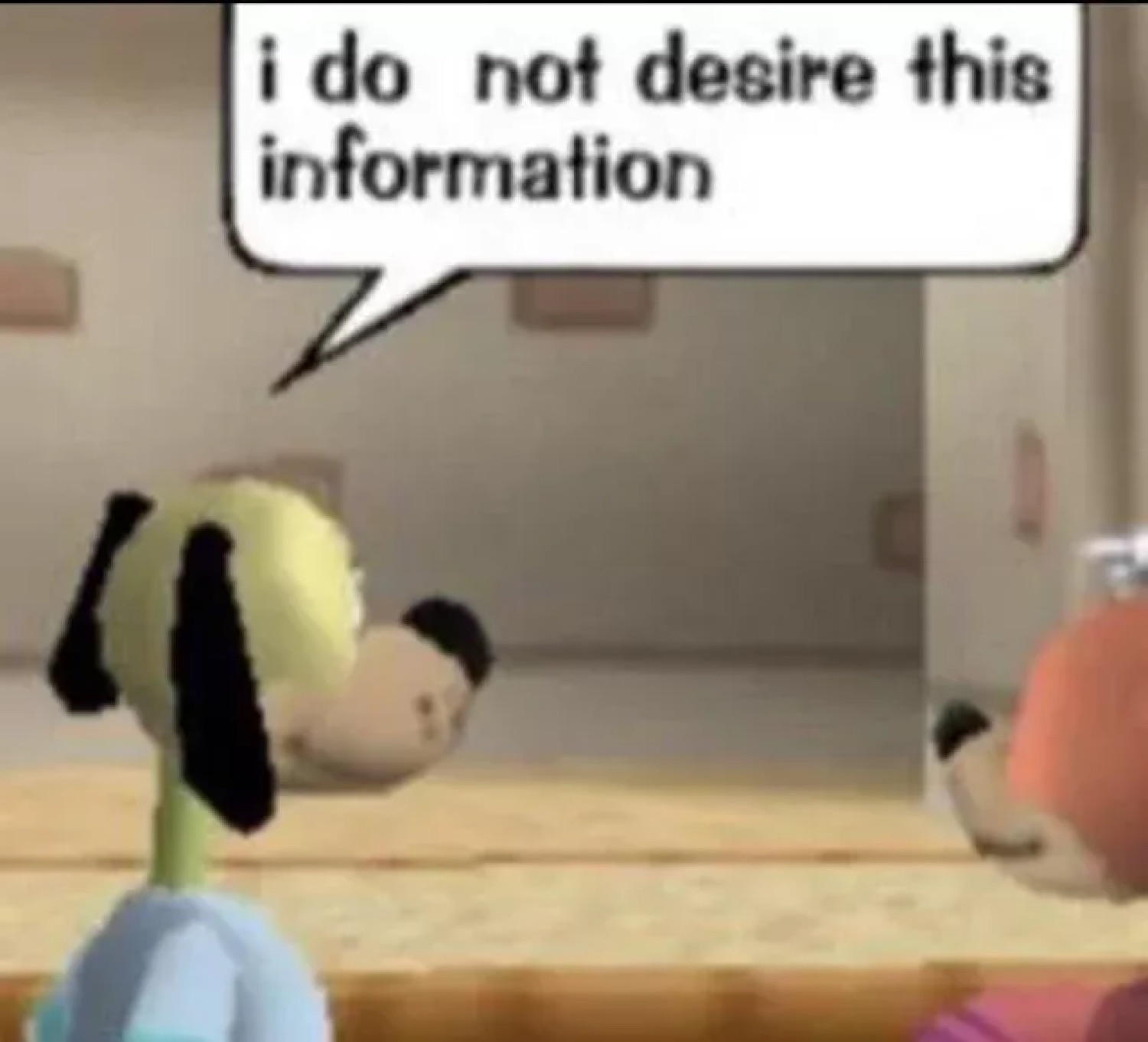 Blocky 3D game character deadpan with a speech bubble saying 'i do not desire this information'