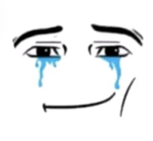 Anime-style eyes streaming blue tears with a faint sad smile beneath