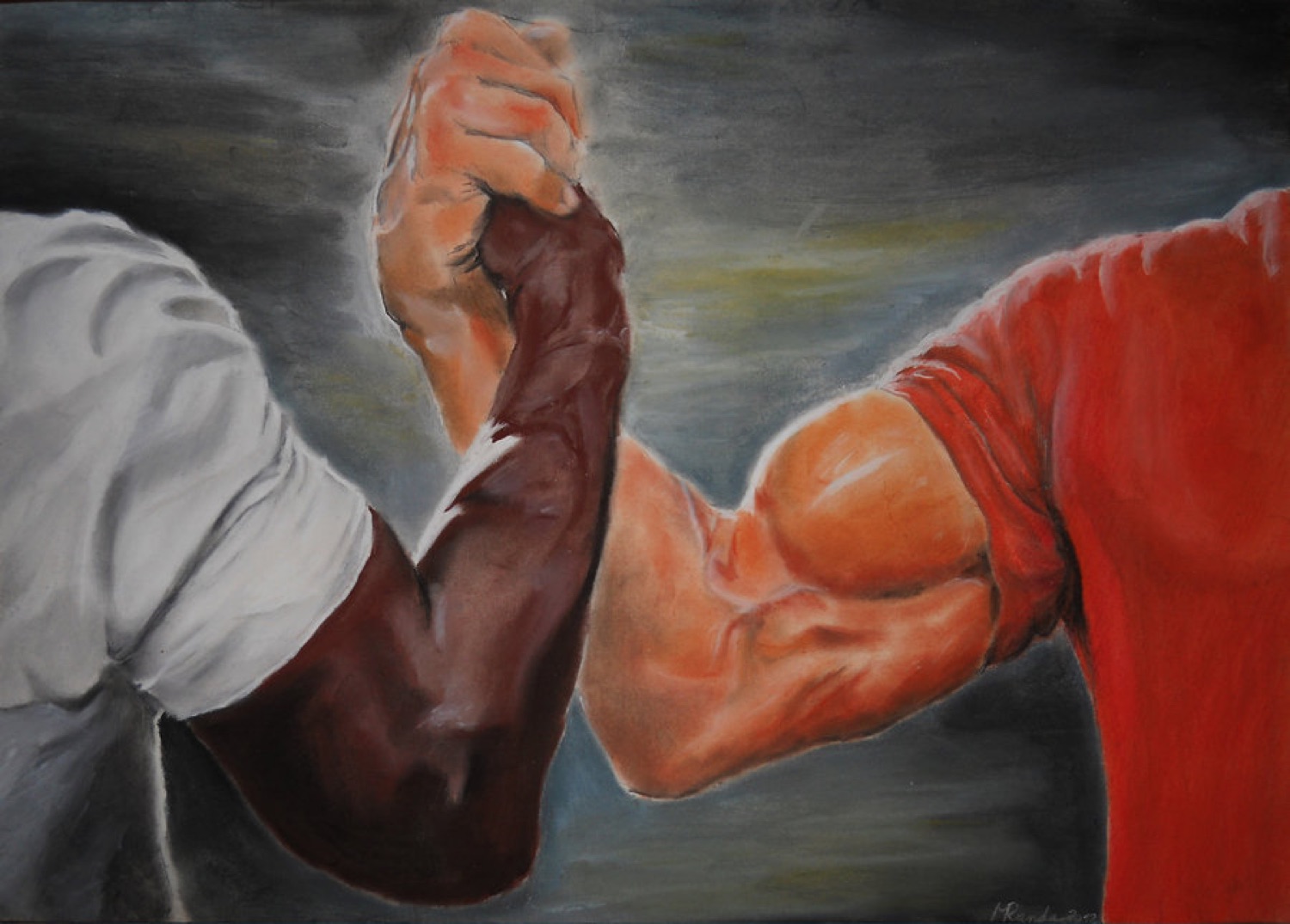 The epic handshake painting of two muscular arms clasping hands in agreement
