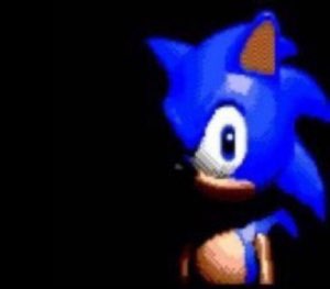 Creepy dark Sonic sprite staring wide-eyed from the shadows