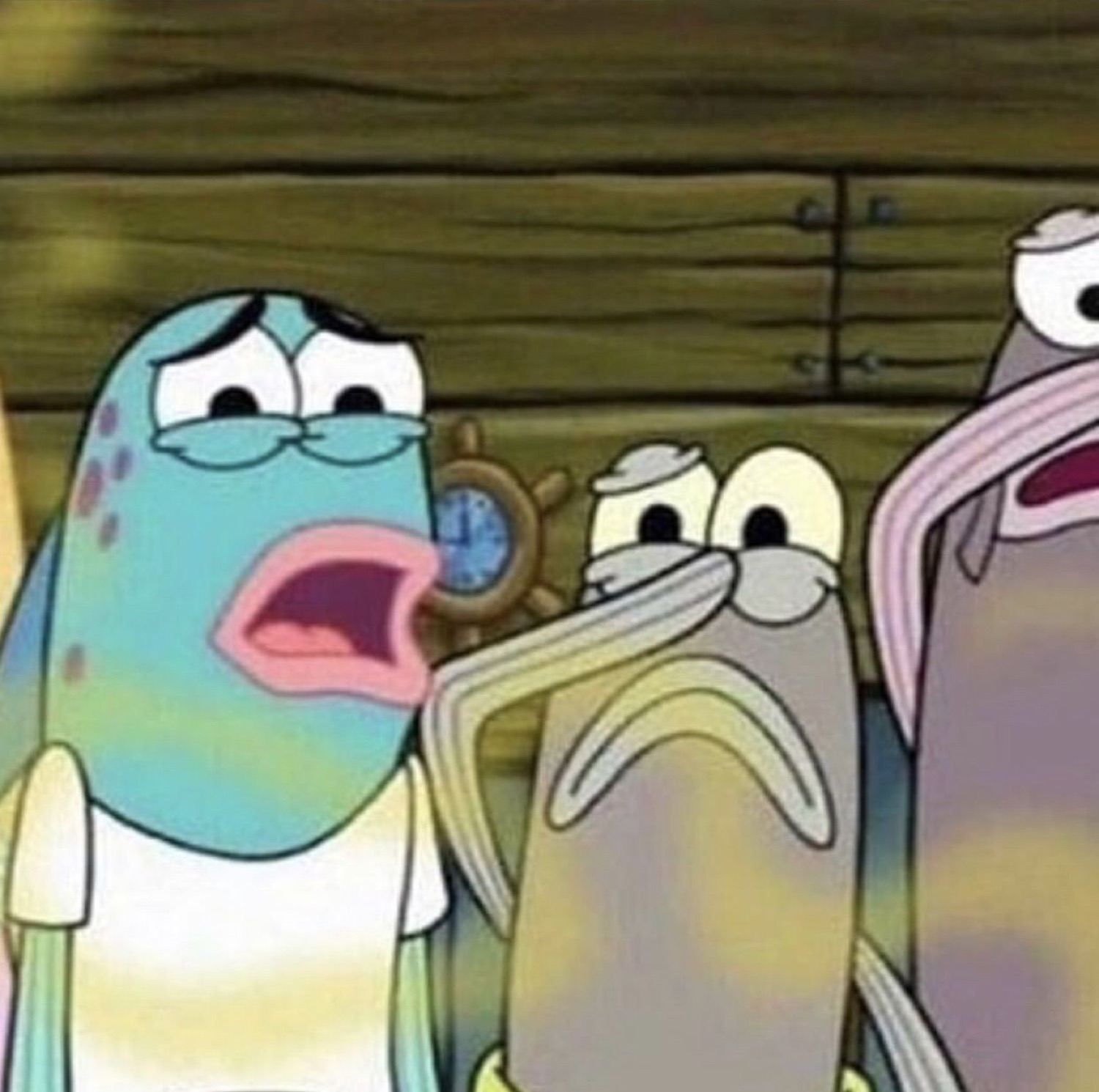 SpongeBob background fish characters reacting with open-mouthed horror and disbelief