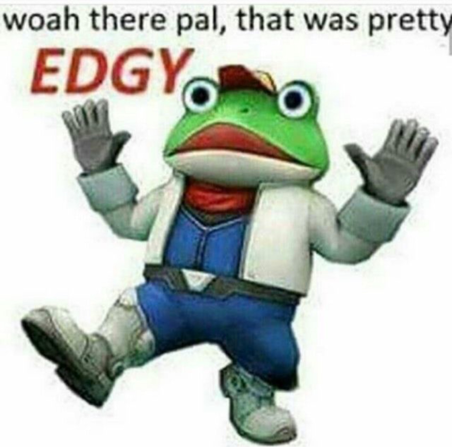 Slippy the frog holding his hands up captioned 'woah there pal, that was pretty EDGY'