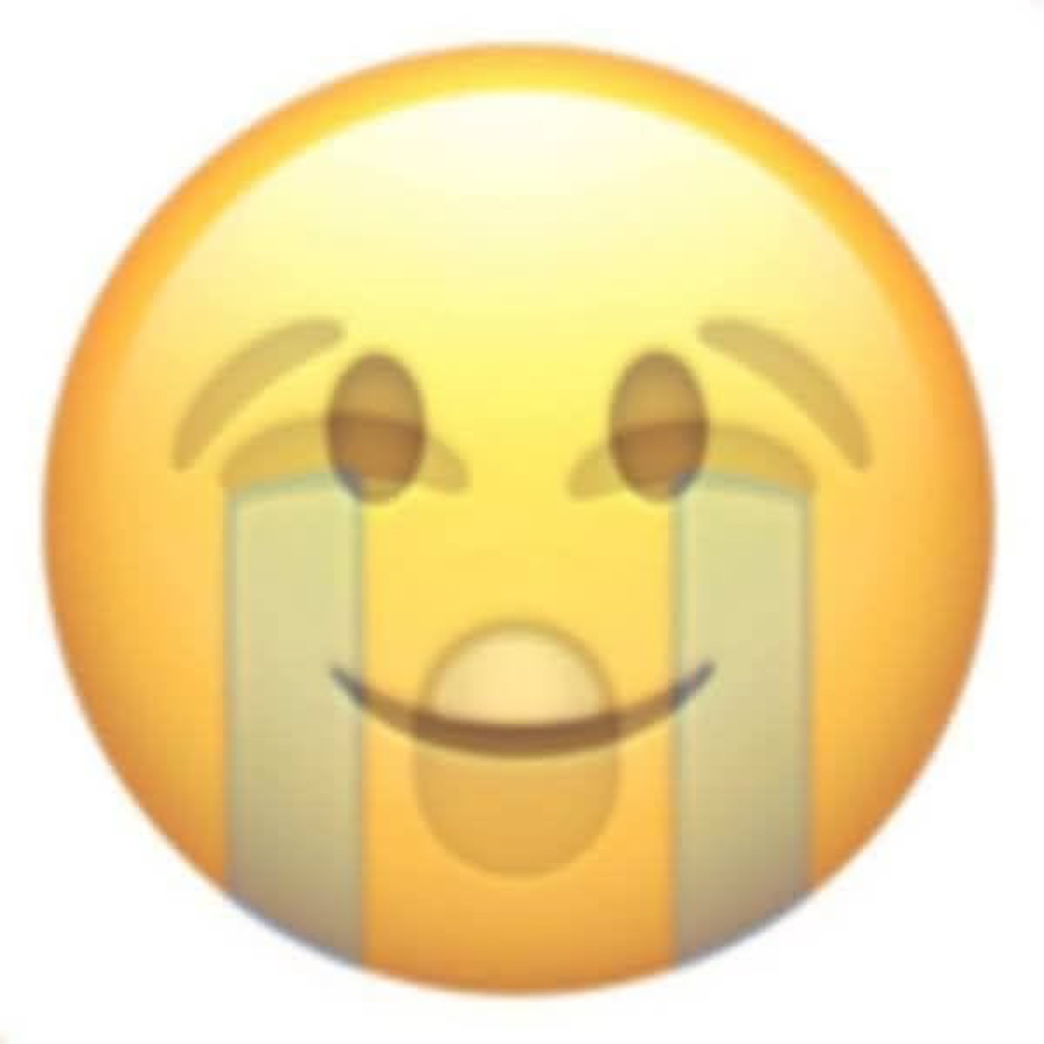 The crying-while-smiling emoji with tears streaming and a forced grin