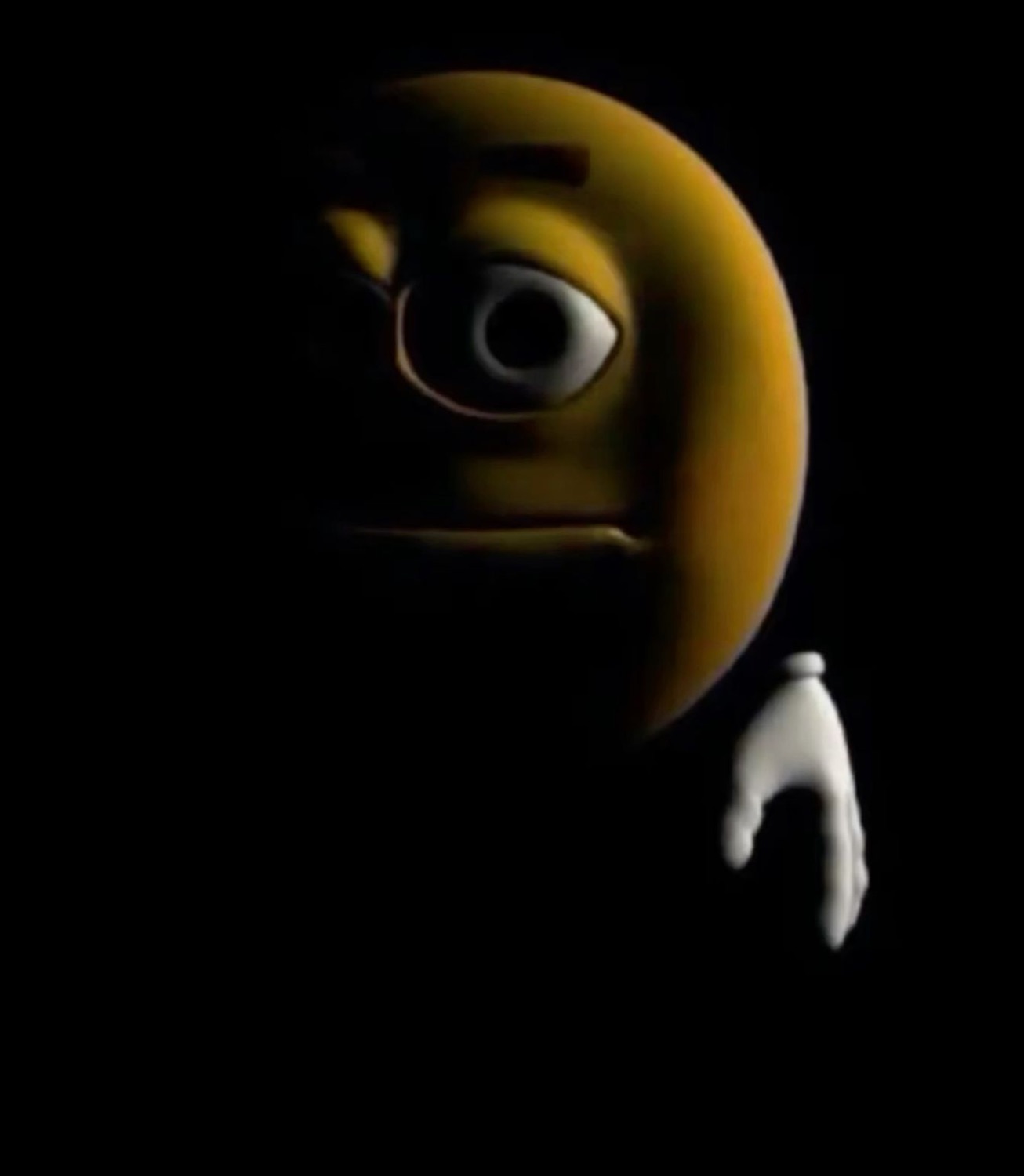 A cursed 3D emoji face half in shadow with a strained, uneasy sideways glance