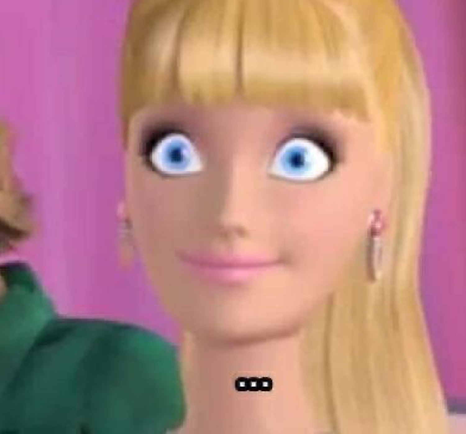 Wide-eyed animated blonde doll giving a blank stare captioned '...'