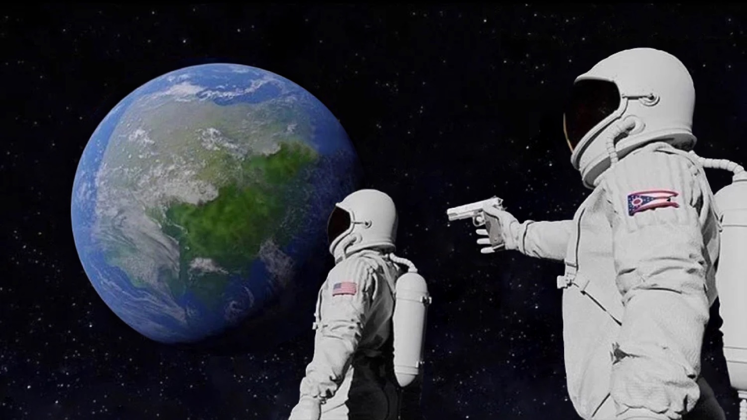Two astronauts in space, one pointing a gun at the other over the Earth