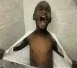 Kid bursting out of a box mid-scream with pure unhinged energy