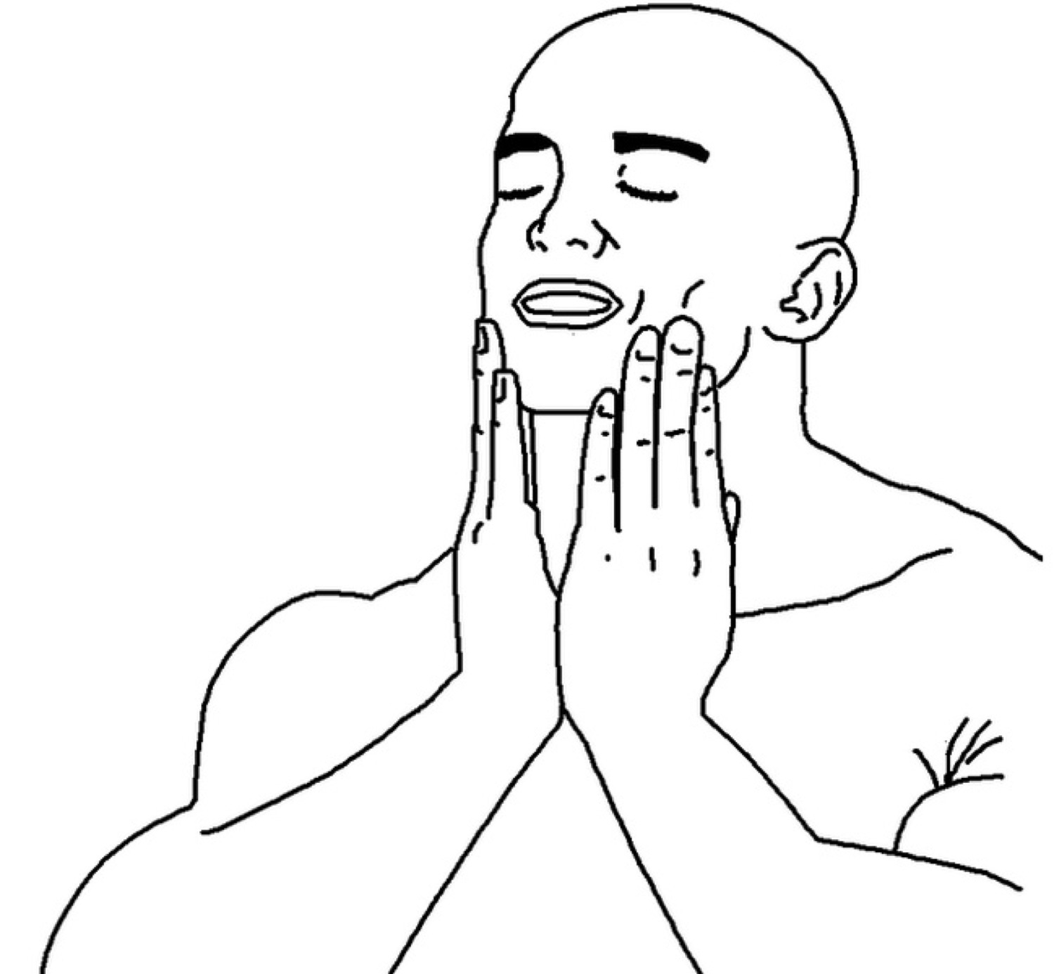 Minimalist line-drawing of the 'feels good man' bald guy with hands pressed together in bliss
