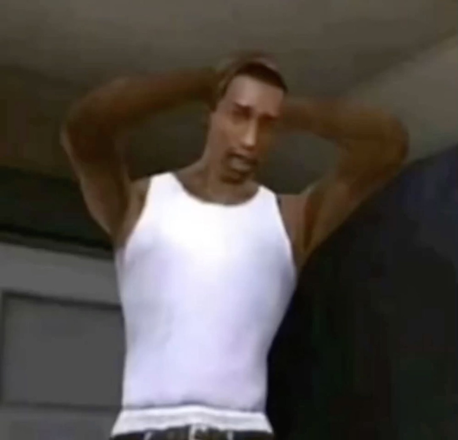 Video game character in a white tank top with hands on his head, exasperated