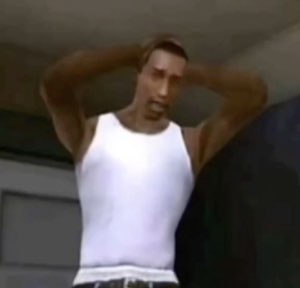 Video game character in a white tank top with hands on his head, exasperated