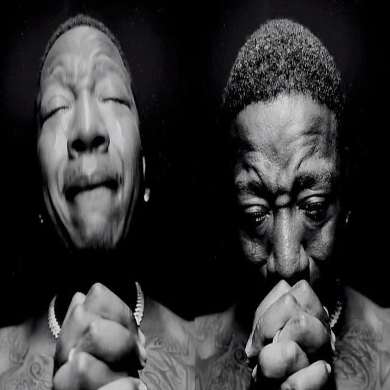 Two side-by-side portraits of a man with clasped hands, eyes shut in emotional strain