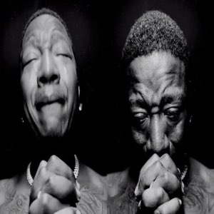 Two side-by-side portraits of a man with clasped hands, eyes shut in emotional strain