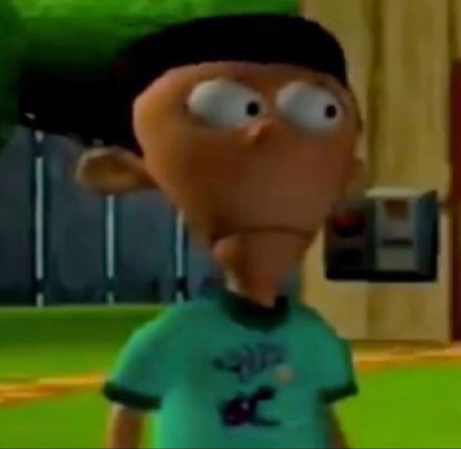 Low-poly cartoon kid with wide startled eyes and a slack jaw