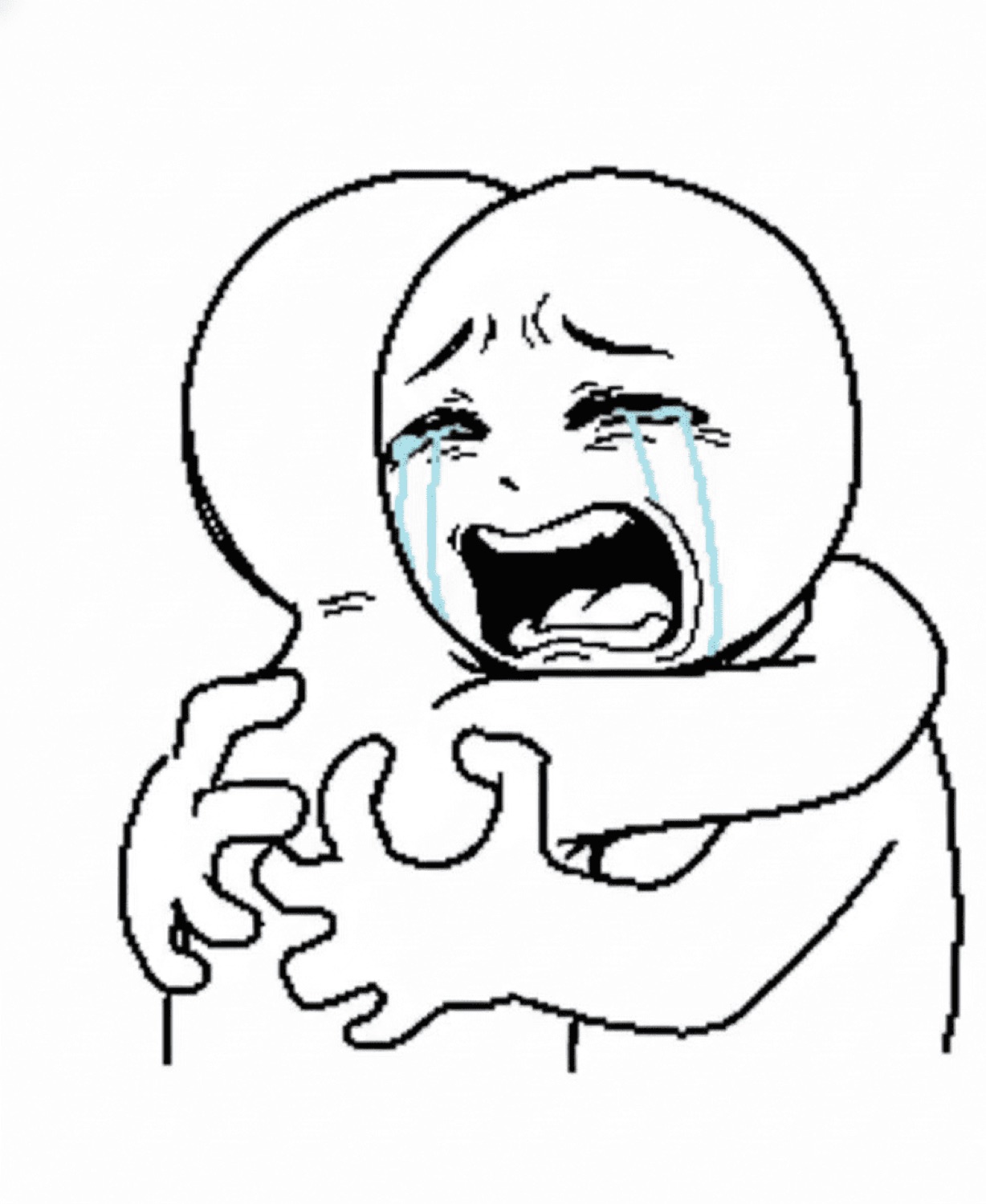 Rage-comic figure sobbing with big tears while clutching itself in a dramatic ugly cry