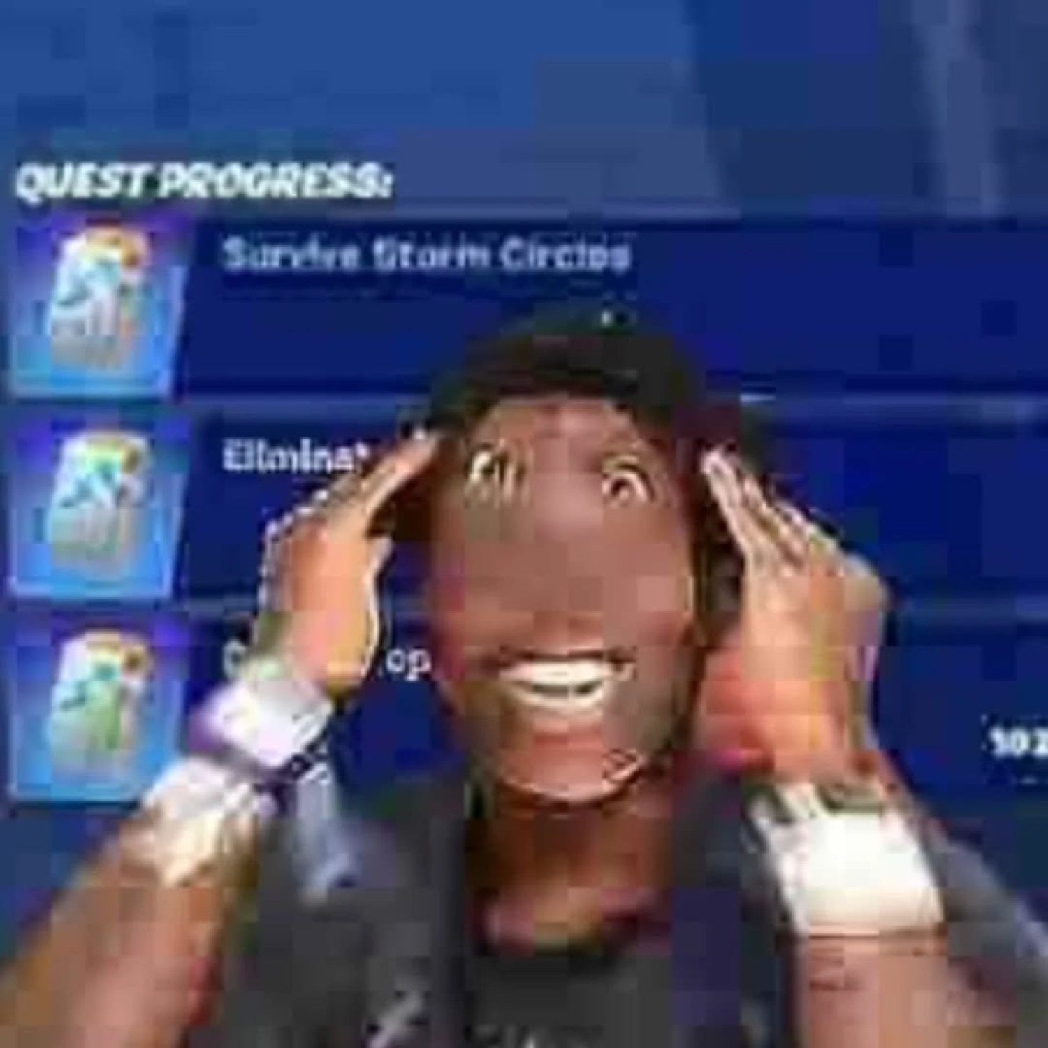 Distorted man clutching his head in wide-eyed panic over a Fortnite quest progress screen