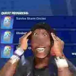 Distorted man clutching his head in wide-eyed panic over a Fortnite quest progress screen