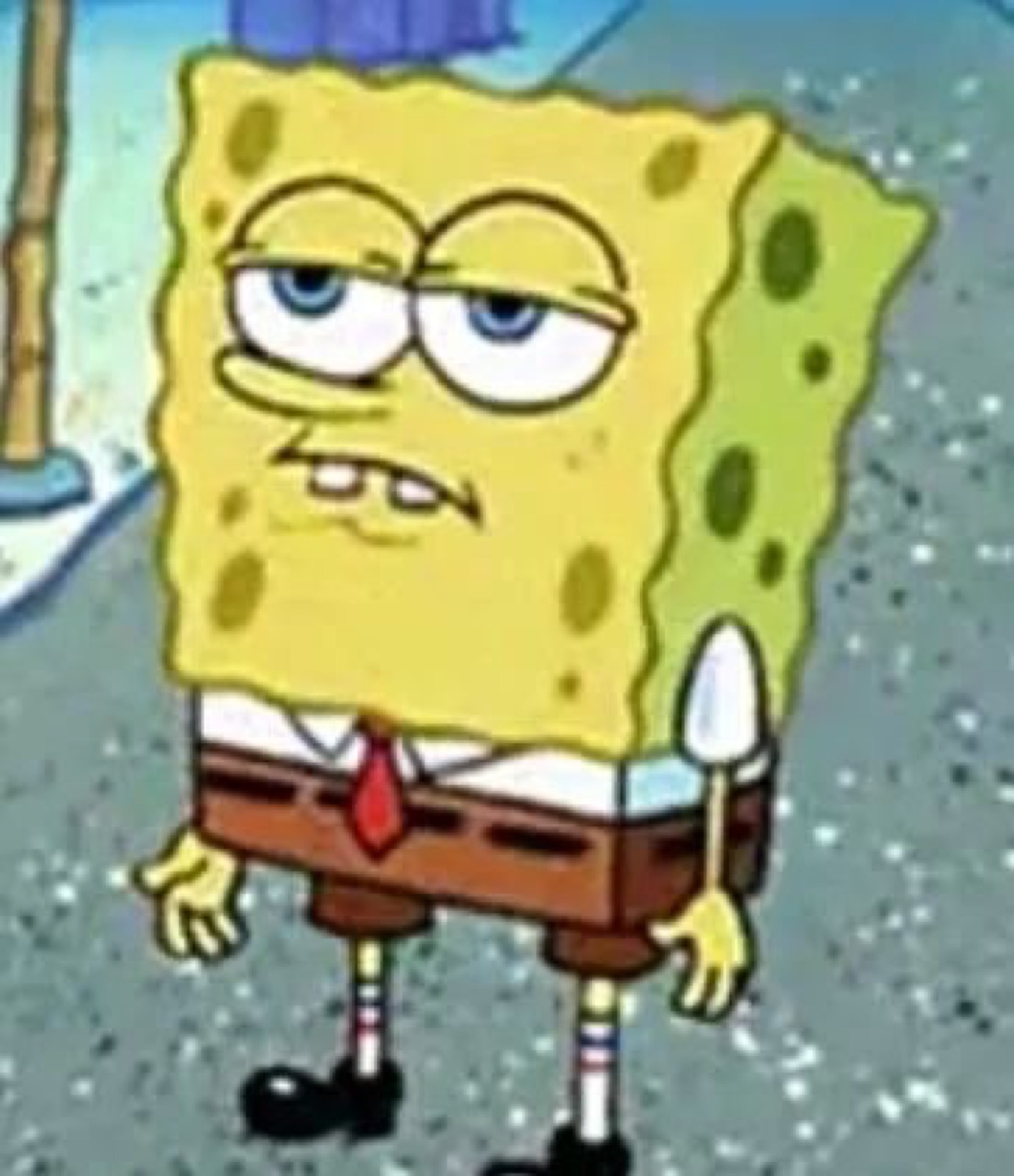 SpongeBob SquarePants looking utterly done with everything, arms at his sides