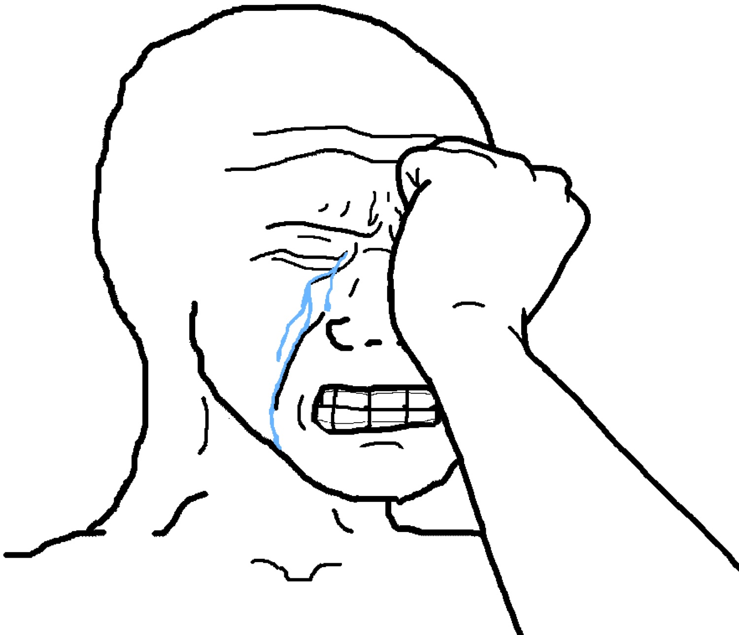 Wojak wiping tears with a fist, the classic 'trying to hold it together' meme face