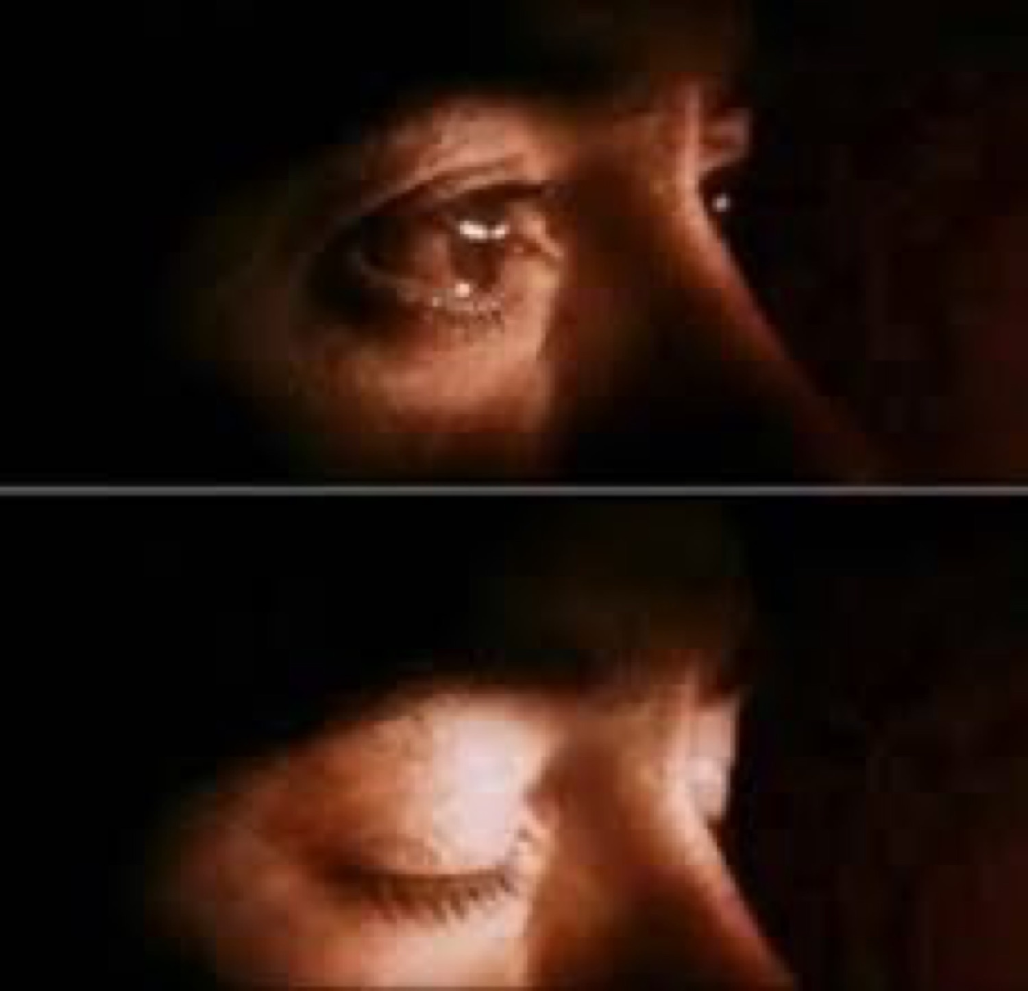 Extreme close-up split panel of eyes — open and suspicious on top, sleepy and half-closed on the bottom