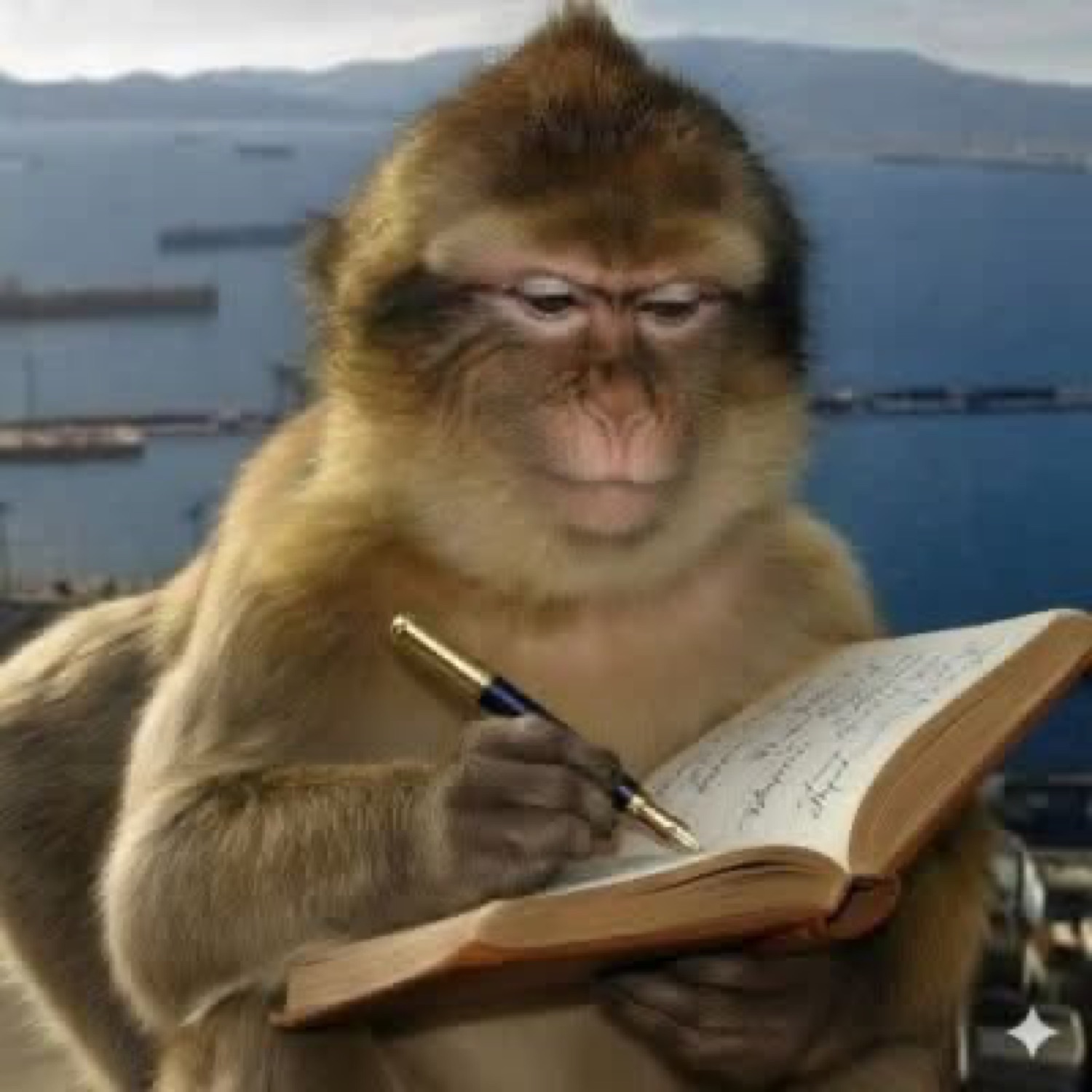 Monkey writing in a book with a fountain pen