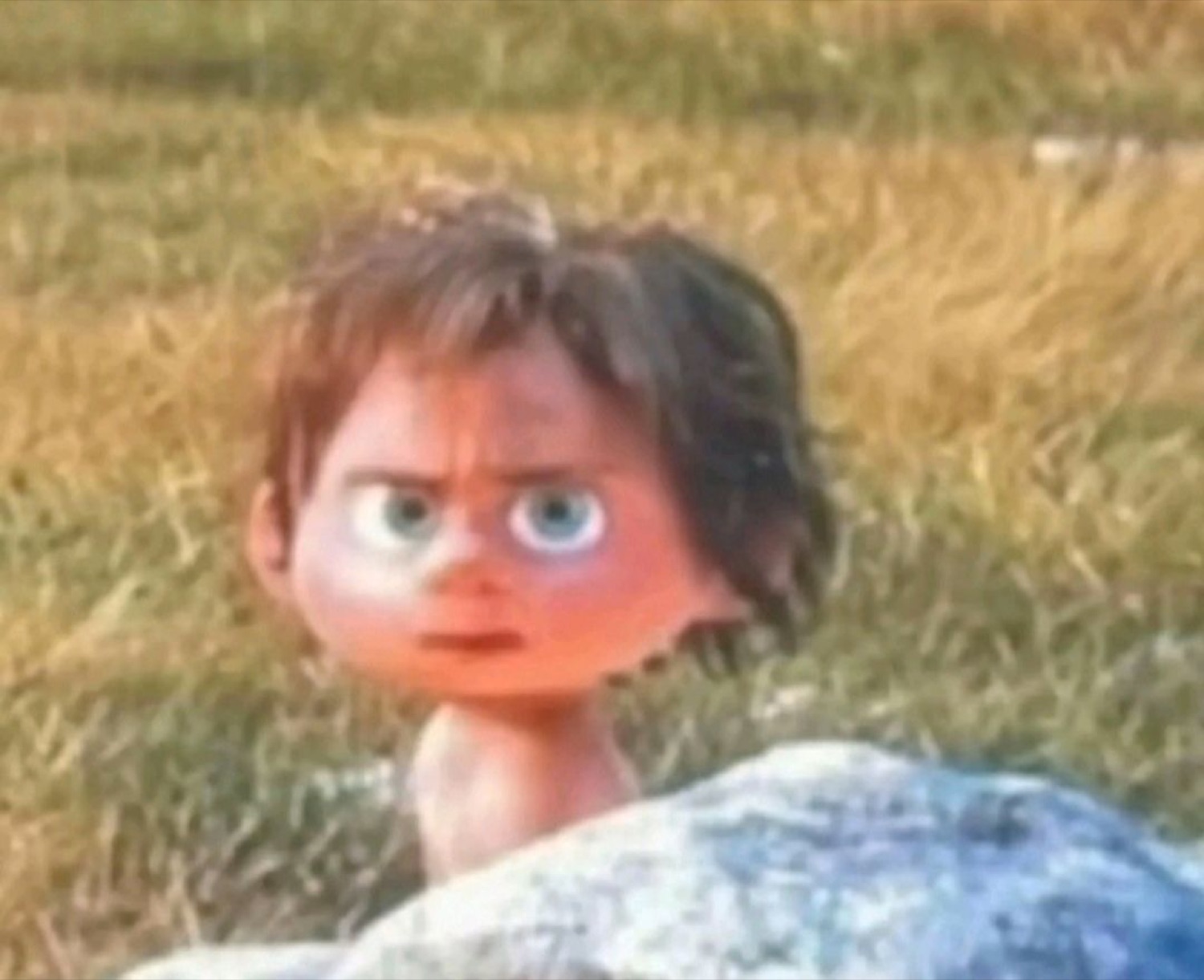 Animated child character peering over a rock with an intense, seething glare