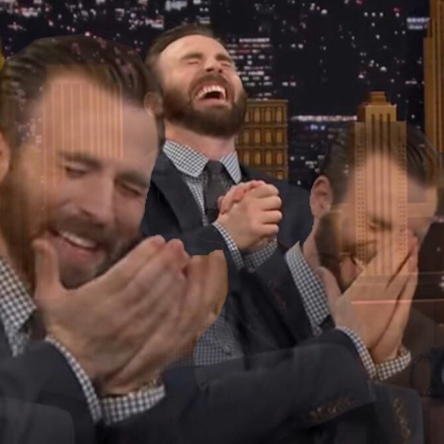 Chris Evans triple-exposed in pure uncontrollable laughter, clapping hands