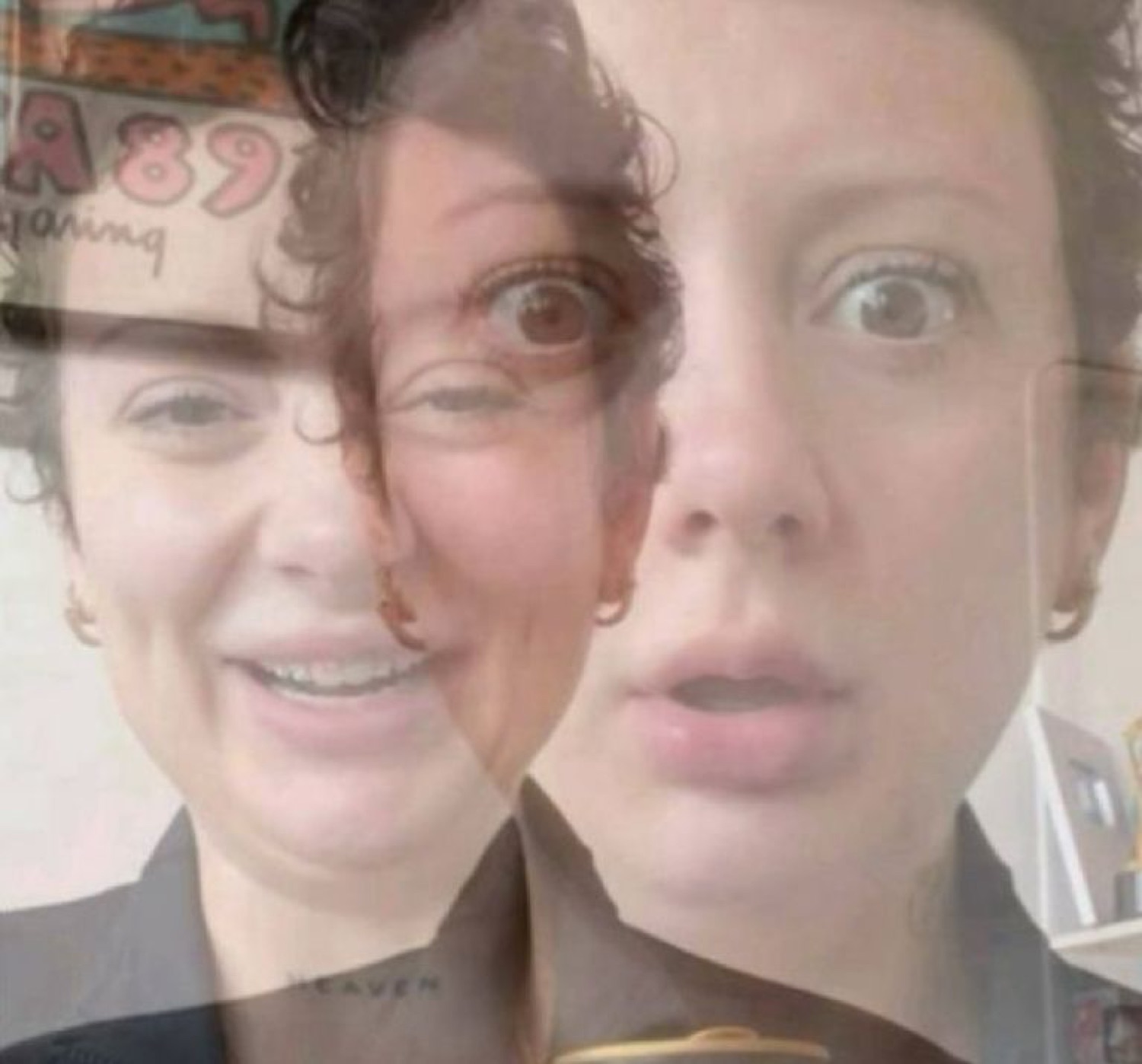 Double-exposure of a woman laughing overlaid with another woman looking wide-eyed and panicked