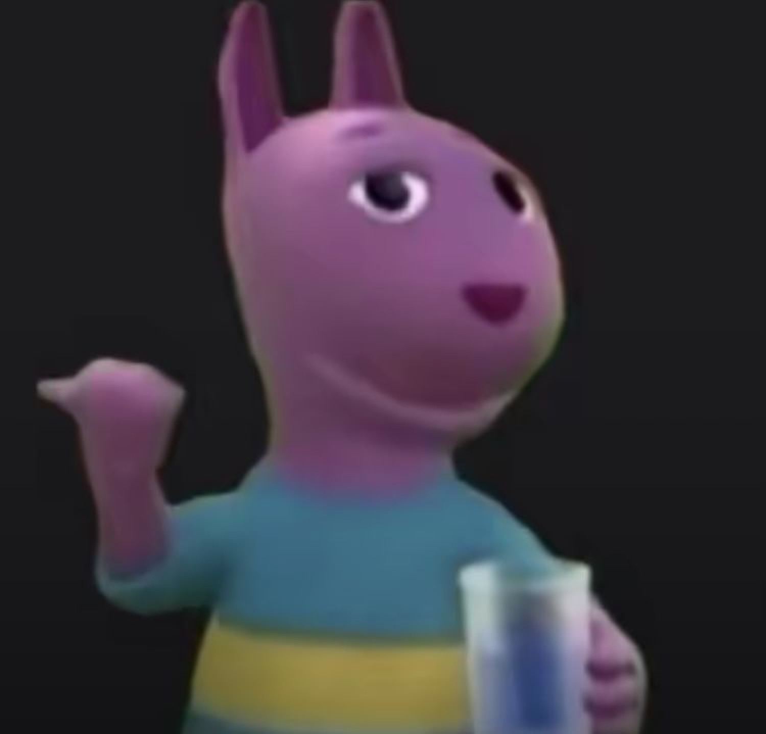 Purple Backyardigans character gesturing smugly while holding a glass