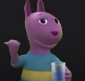 Purple Backyardigans character gesturing smugly while holding a glass
