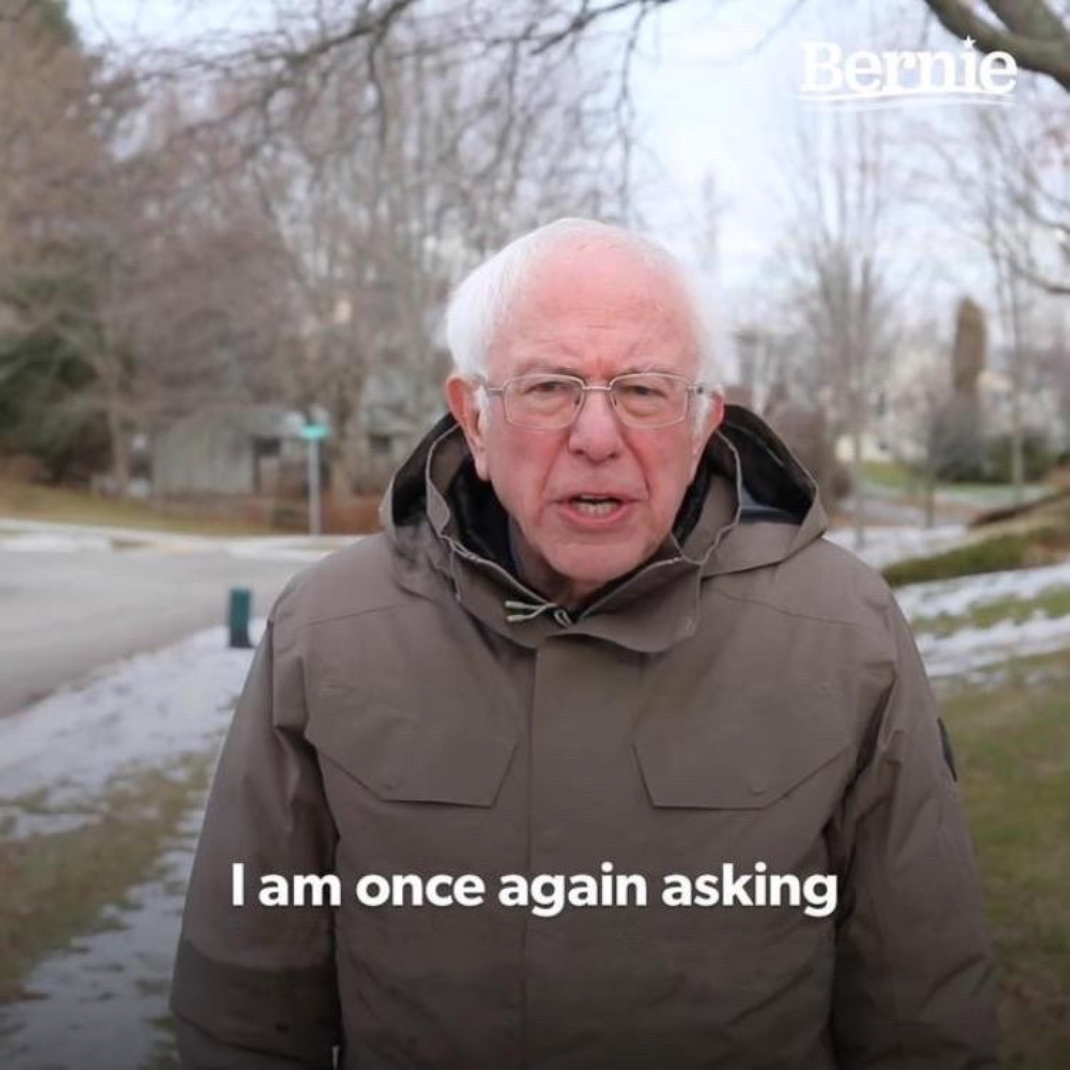 Bernie Sanders on a wintry street captioned 'I am once again asking' with a weary look