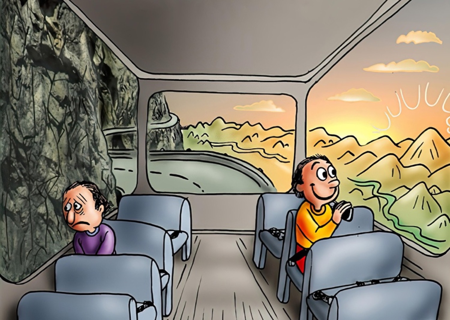 Two men on a bus, one facing a bleak rock wall while the other enjoys the sunset view