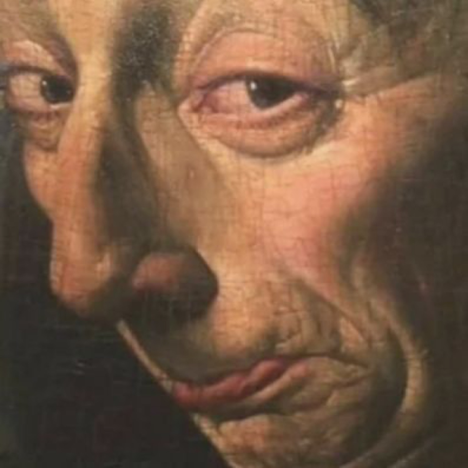 Close-up of a grim Renaissance portrait face with drooping eyes and a pursed, disapproving mouth