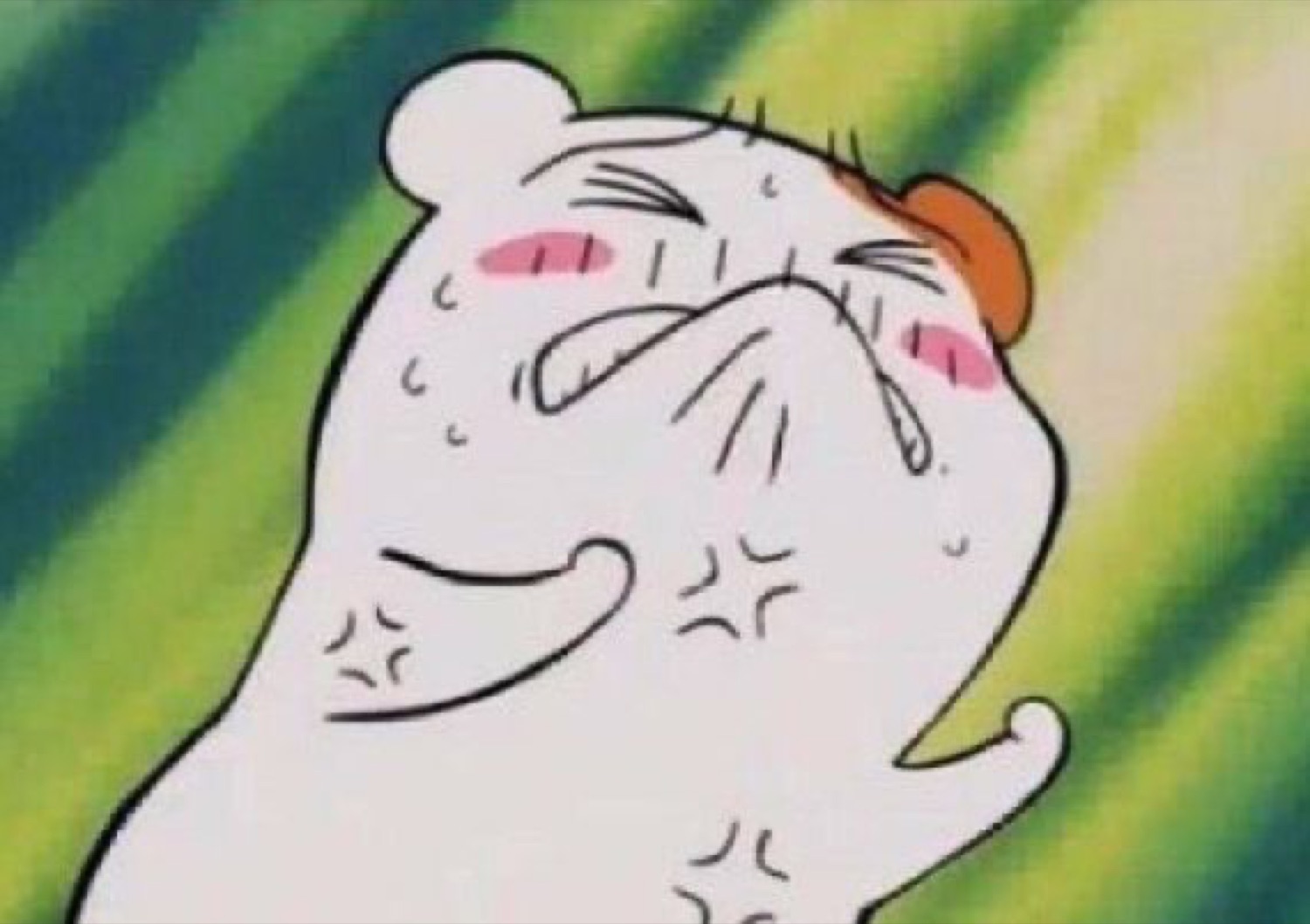 Cartoon hamster-like creature blushing hard and covering its face in teary embarrassment