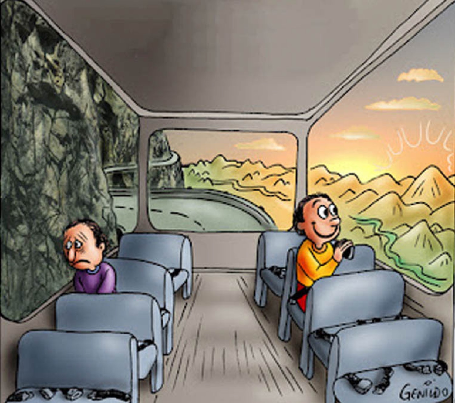Cartoon of two bus riders: one facing a bleak rock wall looking glum, the other facing a bright sunset smiling