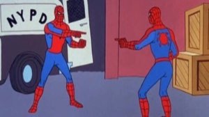 Two Spider-Men pointing at each other, nobody knows who's who