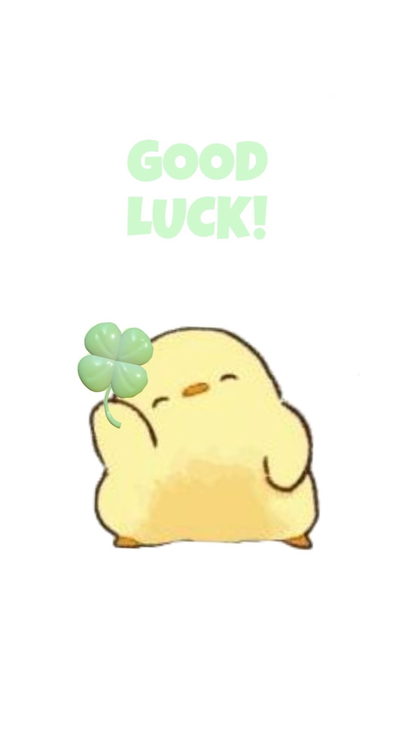 Tiny yellow chick holding a clover: 'GOOD LUCK!'