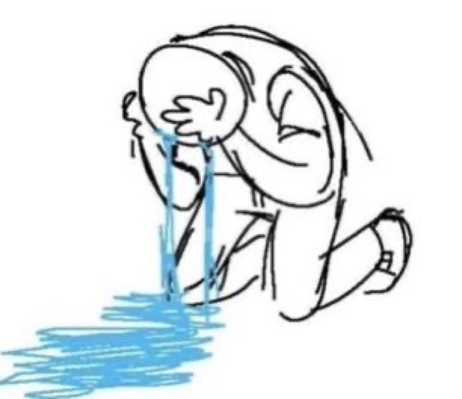Doodle of a person on their knees sobbing a full puddle of blue tears