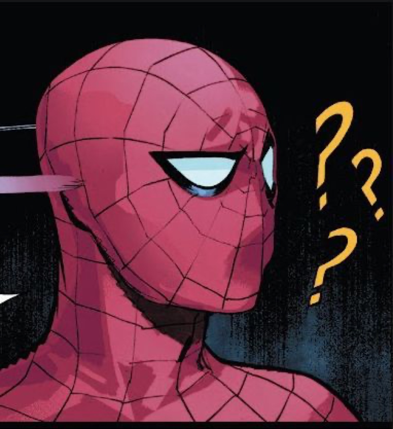 Comic Spider-Man squinting with question marks floating beside his head