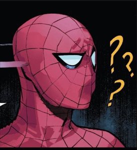 Comic Spider-Man squinting with question marks floating beside his head