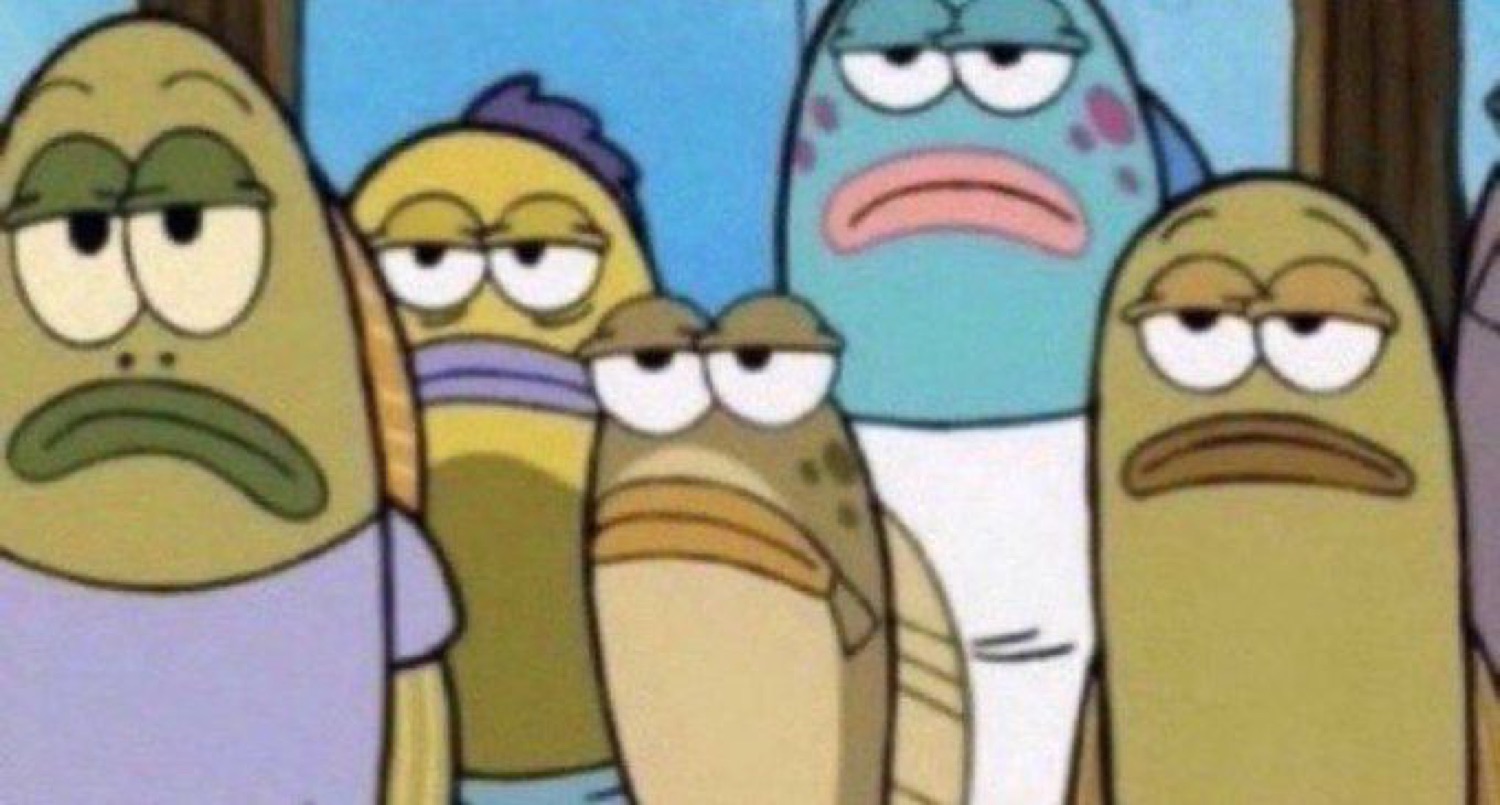Crowd of tired-eyed SpongeBob fish staring back with utterly unimpressed deadpan faces
