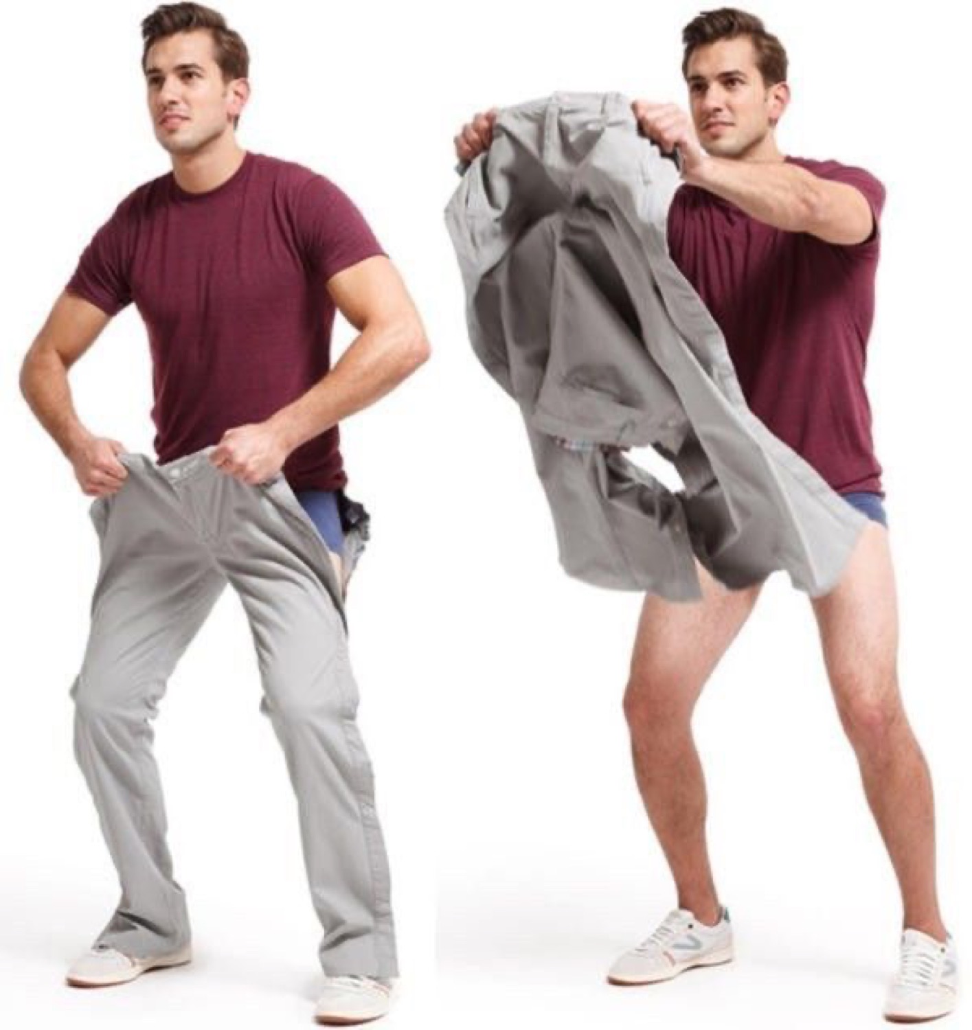 Man in burgundy t-shirt demonstrating zip-off pants in a two-step product photo