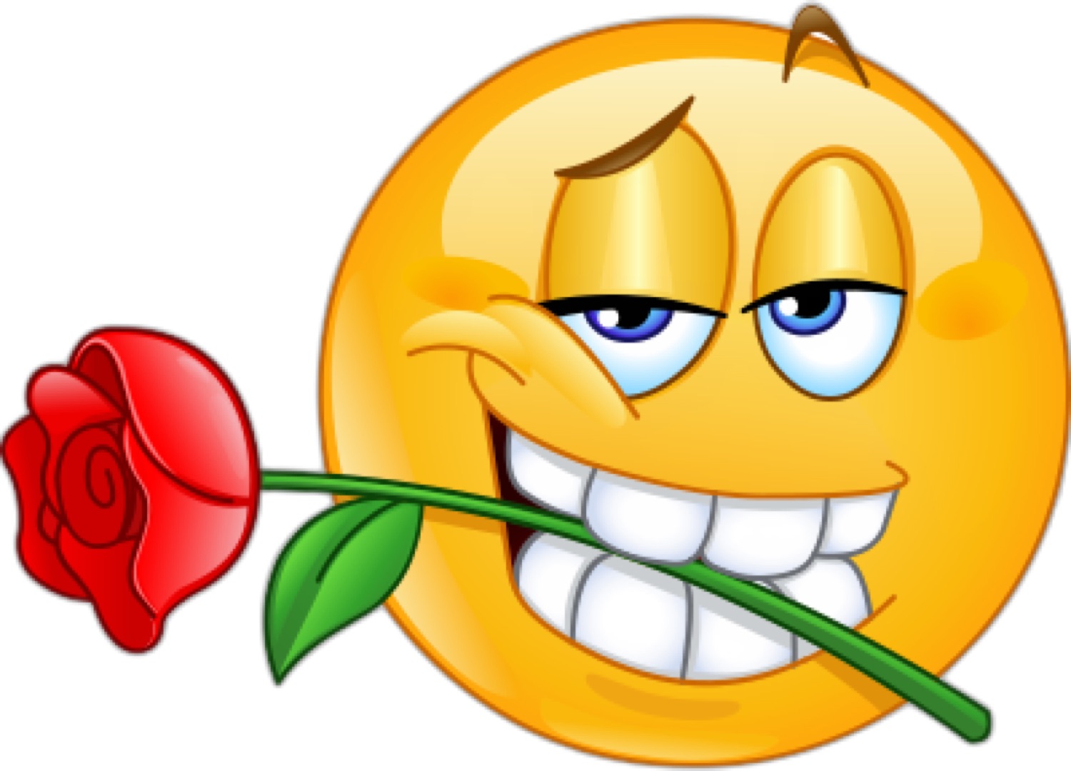 Cartoon smiley face biting a rose with a suave half-lidded smirk, totally smooth