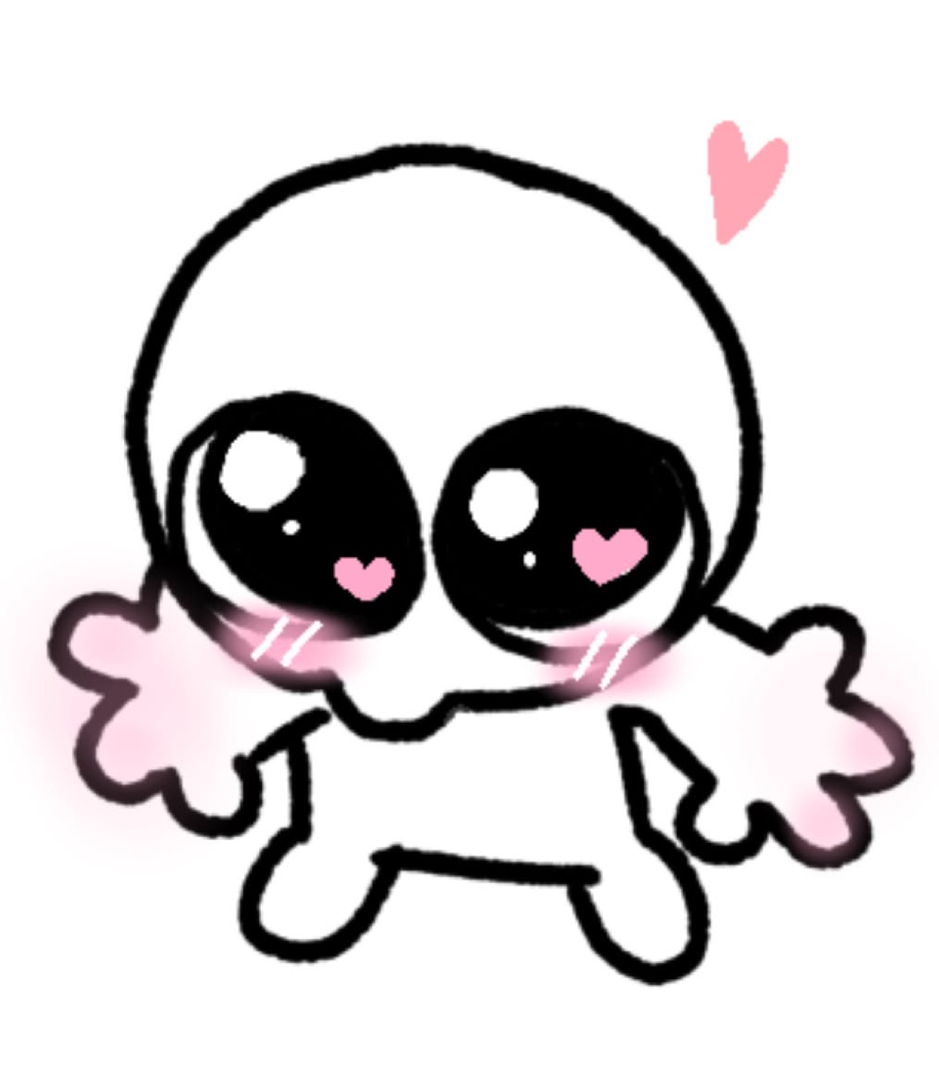 Cute doodle skull creature with big sparkly eyes, blushing cheeks and a floating pink heart